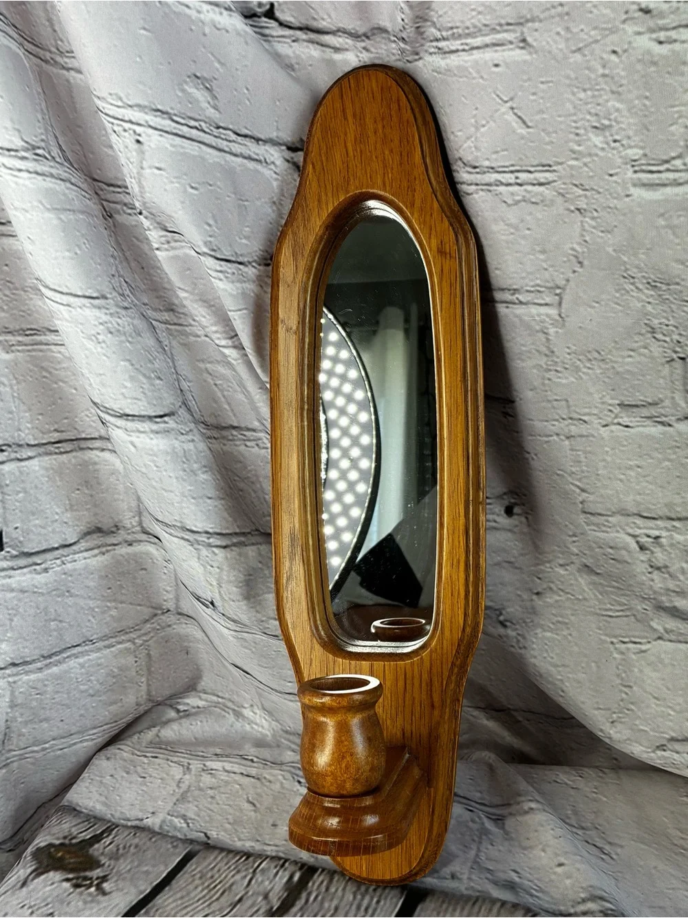 2 Vtg Americana Cottagecore Oak Wood Mirror Taper Candle Wall Sconces Grannycore
